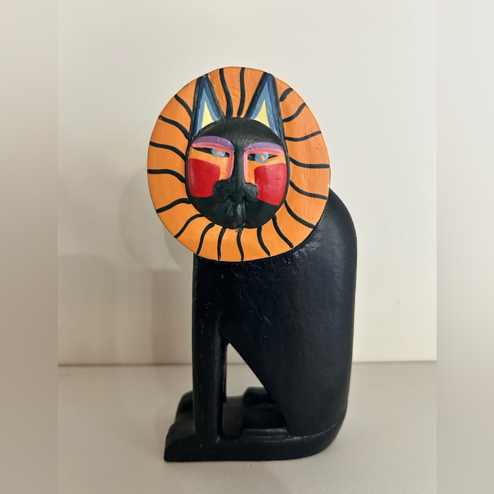 Vintage  Laurel Burch Lion carved hand-painted wood figurine.
